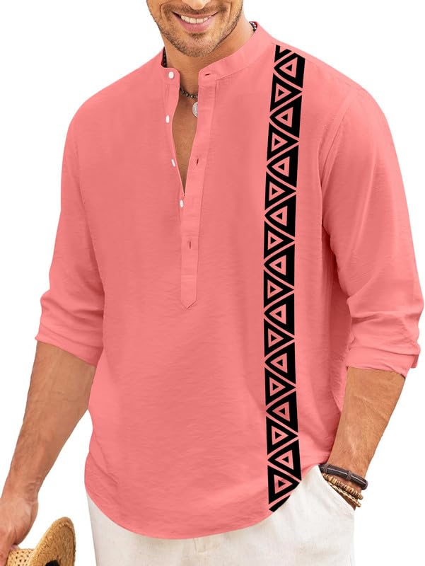 Image of FINIVO FASHION Men's Short Kurta with Printed Geometric Side Panel | Cotton Blend Full Sleeve Ethnic Topwear with Mandarin Collar | Stylish Indo-Fusion Kurta for Daily, Festive, or Casual Wear