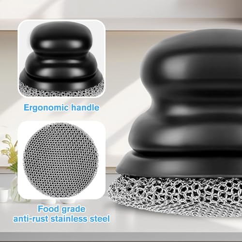 Image of Cast Iron Scrubber (1Pack Black Coarse Mesh + 1Pack Black Fine Mesh) and and Scraper, Chain Mail Scrubber for Cleaning Stock Pots, Pans, Griddles, Grills, Cast Iron Skillets, Dish Scouring Pads