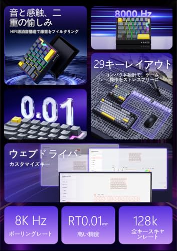AJAZZ AK029 FPSゲーム専用 ラピッドトリガー ゲーミングキーボード 29キー配列 磁気スイッチ 8000Hzポーリングレート 128kHzスキャンレート 0.01mm RT精度 0.125ms超低遅延 アルミニウム合金プレート 5層消音構造 RGBバックライト カスタマイズ可能 マクロ 人間工学 Windows/MAC対応 かわいい (猫ちゃんキャラクター)
