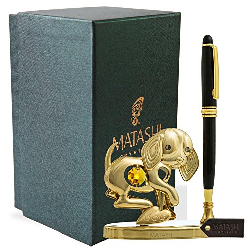 Matashi 24 K Gold Plated Puppy Pen Set Table Top Ornament With Crystals Elegant Metal Dog Figurine Gift For Dad Friend Christmas Birthday New Year Home Office Desk Decor Pen Stand (Black Ballpoint) #TOP21
