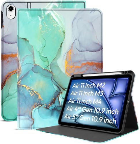 Image of Robustrion Case Cover for iPad Air 11 inch M4 / M3 / M2 (2024 /2025) / iPad Air 5th Generation Cover / 4th Gen 10.9 inch with [Pencil Holder Right Side] [Auto Sleep Wake] Folio Cover Case - Marble Green