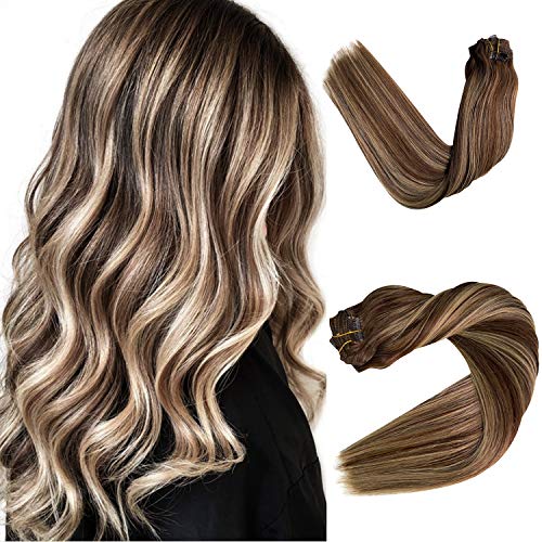 Clip in Hair Extensions Medium Brown with Honey Blonde Highlighted Clip in Real Extensions Double Weft Straight Clip in Real Extensions for Women 8 Pcs 16 Inch 120G