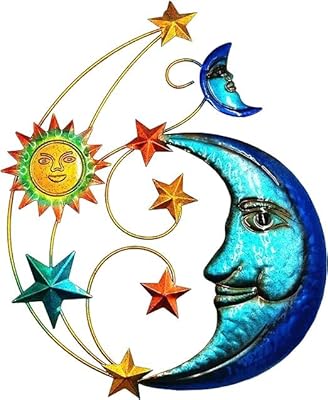Metal Sun Outdoor Wall Art Decor, Large Size 17'' Sun Face Metal Wall Sculpture with Moon & Stars for Home Wall Decoration Living Room, Bedroom, Outside Decor for Yard, Patio, Garden Fence Deck Pool
