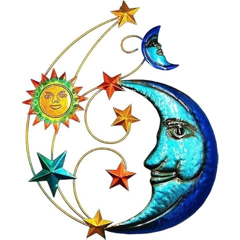 Metal Sun Outdoor Wall Art Decor, Large Size 17'' Sun Face Metal Wall Sculpture with Moon & Stars for Home Wall Decoration Living Room, Bedroom, Outside Decor for Yard, Patio, Garden Fence Deck Pool Cover