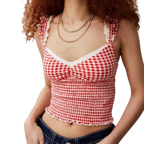 Women Y2K Gingham Peplum Cami Shirt Sleeveless Bow Tie Camisoles Spaghetti Strap Plaid Tank Tops Summer Striped Crop Top
