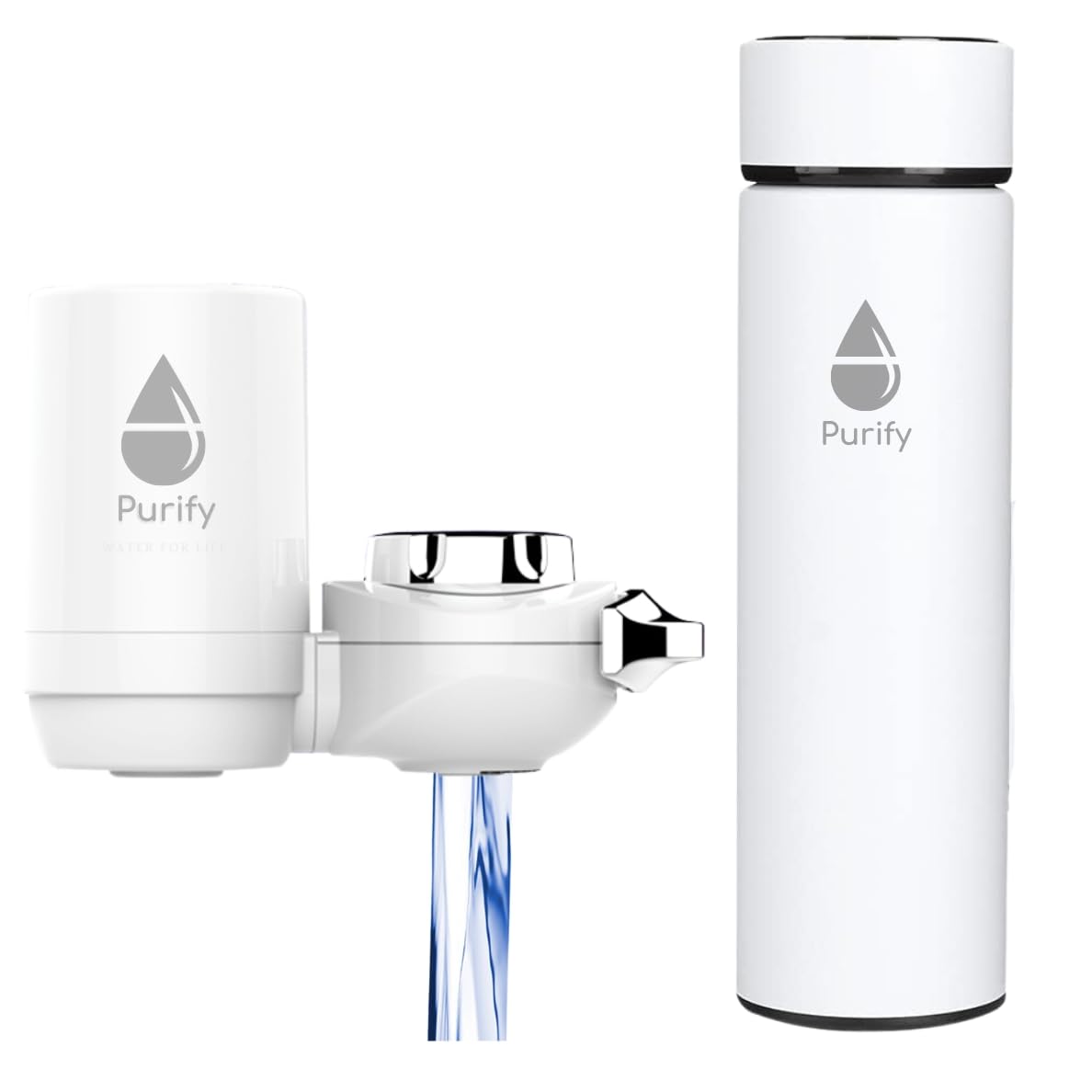 PURIFY - Filtro agua grifo cocina y Botella Agua Termo de acero inoxidable con Pantalla LED Táctil Inteligente Temperatura. Dispensador, Descalcificador, Purificador, Destilador, Depurador, Osmosis