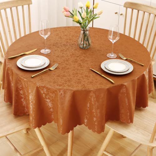 Image of Smiry Round Waterproof Heavy Duty Vinyl Tablecloths, 60 x 60 Inch | Wipeable Washable Floral Embossed Table Cover for Kitchen and Dining Room, Indoor & Outdoor Use, Bronze