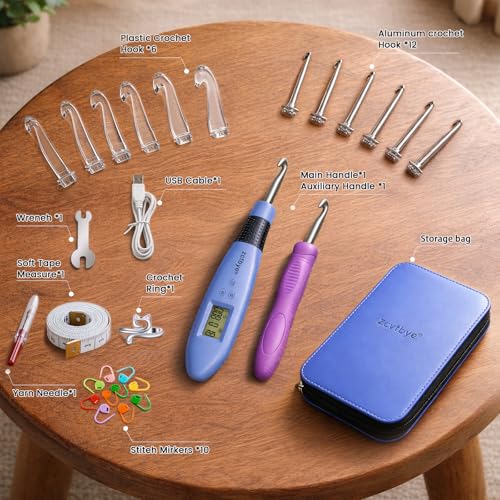 Image of Light up Crochet Hook Set with Stitch Counter Crochet Kit with 18 Different Size Interchangeable Crochet Needle,Ergonomic with 2 Levels Led and Digital Stitch Counter for Crocheting and Knitting