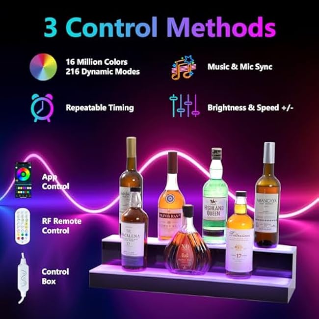 Led Lighted Liquor Bottle Display Shelf, 24 Inch 2 Tier Whiskey Rack, Support USB, Bar Stand with RF Remote & App Control, Illuminated Acrylic Lighting Shelves for Home Bar, Party