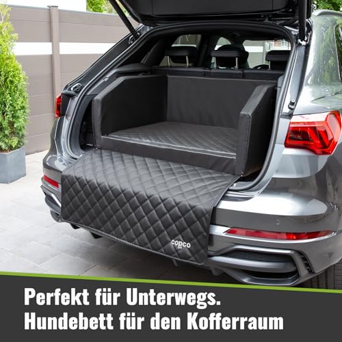 CopcoPet - Travel Bed Hundebett für Kofferraum 90x70x38cm Kunstleder - Kofferraumschutz Hund wasserabweisend & Kratzfest - Hundebett Auto rutschfest & robust mit Schutzdecke - Reisebett Hund Schwarz