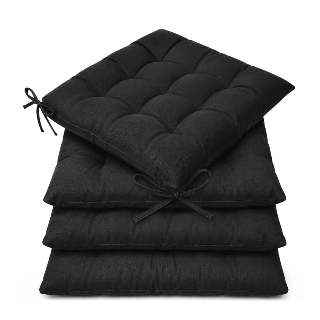Casabella Pack of 8 Seat Pad for Dining Chair Garden Kitchen Chair Cushion With Tie On_9 Stitch_Black Indoor/Outdoor Comfortable chair pads for Kitchen seat pads 9 stitch cushions โ image 1