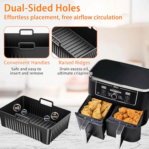 Vinuwu 2Pcs Premium Silicone Air Fryer Liner for Ninja AF400UK/AF451UK Foodi MAX Dual Zone Air Fryer 9.5L, Airfryer Accessories Trays for Tower 9L Dual Basket T17088/T17100, 9-10L - Image 3