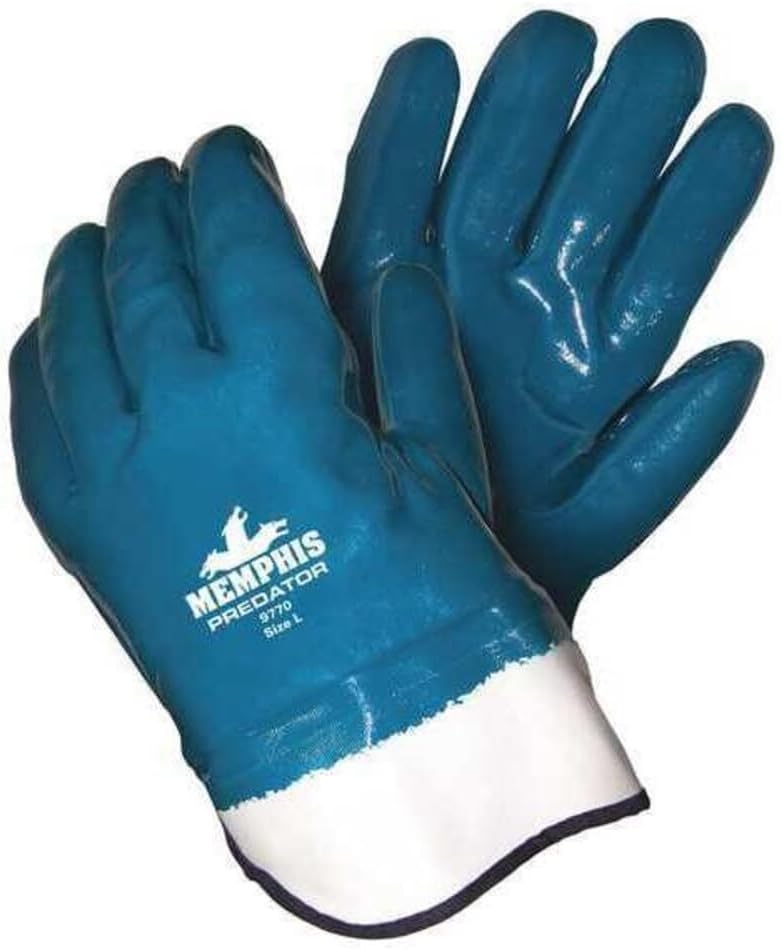 MCR Safety 9770 Predator Fully Coated Premium Nitrile Gloves, Foam Lined with Soft Jersey Lining and 2.5" Safety Cuff, Insulated, Large, 1-Pair,Blue/White