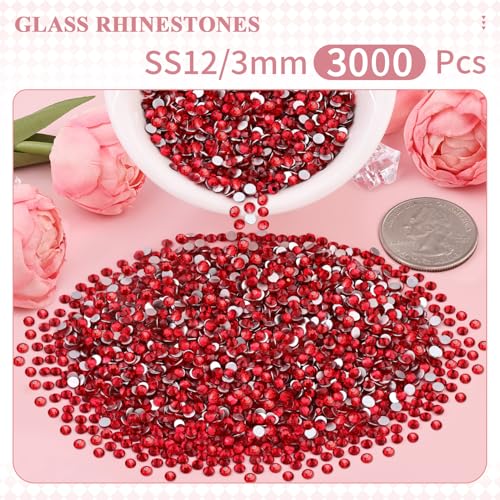 Image of 3000PCS SS12 /3mm Crystal Glass Rhinestones for Bedazzling (Red /Siam) | Flatback Rhinestones for Crafting DIY Nail Art Makeup Decoration, Gems Diomand Charms for Tumbler Shoes Clothing Mug