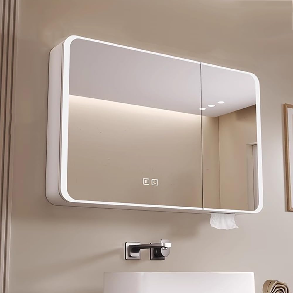 Aluminum Spiegelschrank Bad mit LED Lighting, 3 Adjustable Light Colors, Badezimmer Spiegelschrank mit Defogging Function, Badspiegelschrank Touch Sensor Switch (Weiß, 90cm/35.4in)