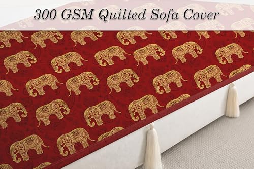 Image of Cloth Fusion 300 GSM Quilted Jaipuri Theme Printed 2 Seater Sofa Cover Mat-Style Fully Covered with Armrest Pockets, Adjustable Straps & Lock Fit (120 cm Seat Run, Elephant Block)