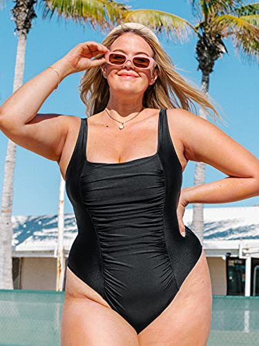 CUPSHE Maiô feminino plus size preto franzido com controle de barriga, Preto, G