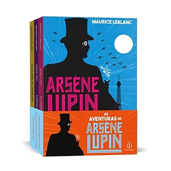 Capa do livro As Aventuras de Arsène Lupin em cor preta e dourada,Páginas internas do livro com texto e ilustrações,Lombada do livro com título em destaque