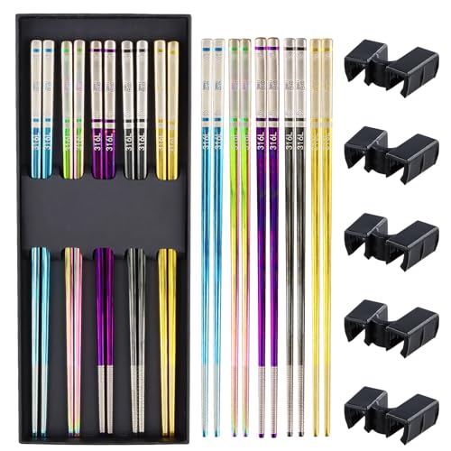 Wisebom 5 Paia Bacchette In Acciaio Inox, Bacchette Sushiriutilizzabile Ecologico Bastoncini Giapponesi con 5 Pezzi Riutilizzabili Chopsticks Helpers per Natale Compleanno, Lavabili in Lavastoviglie
