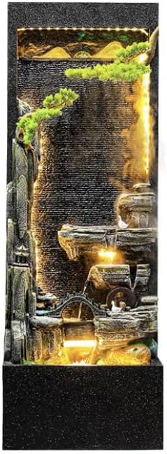 Modern Zen-Inspired Water Fountain with Multi-Level Waterfalls and LED Lighting – Standing Feature for Indoor/Outdoor Use, Includes Bonsai and Artistic Details(1899 Rockery+1666)
