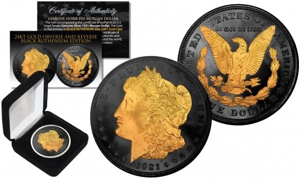 Merrick Mint Black Ruthenium 2-Sided 1921 Original AU Morgan Silver Dollar with Gold Clad Highlights Obverse & Reverse with Box