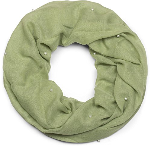 styleBREAKER Damen Loop Schal mit Perlen Applikation, Unifarben, Leichter Schlauchschal Einfarbig, Tuch 01016168, Farbe:Oliv