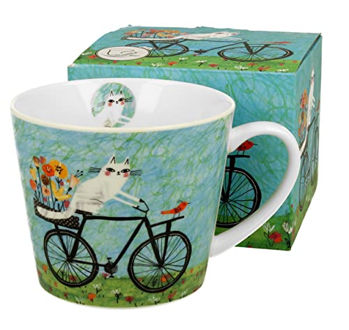 Tasse Jumbo XXL 610 ml en porcelaine - Cadeau de bureau - Tasse à café - Tasse à thé - Cappuccino - Motif du monde des chats (vélo)