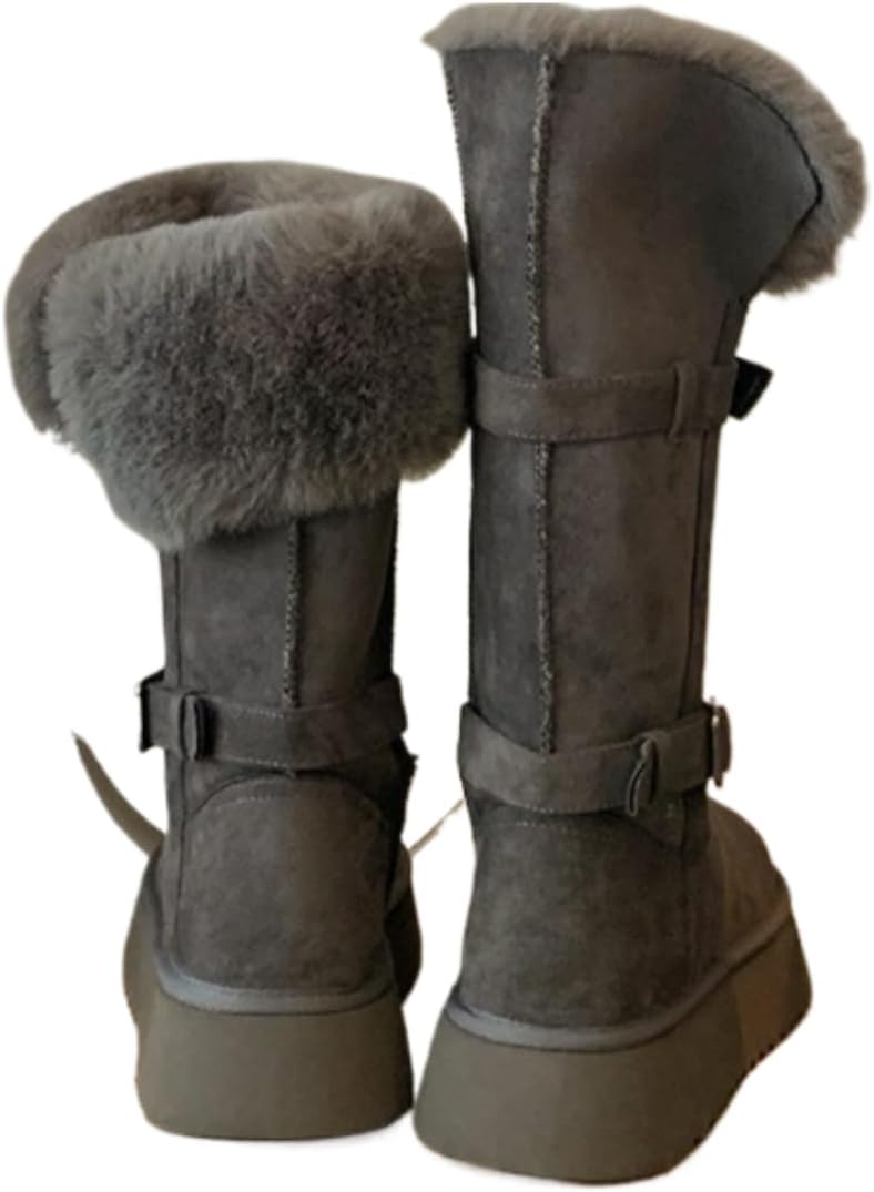 Women's Mid-Calf Snow Boots with Faux Fur Trim, 3-5CM Platform, Buckle Strap, Warm Winter Footwear for Daily Commute (Gray knee-high boots,6.5)
