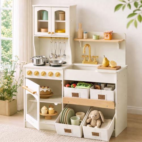 Image of Tiny Land Wooden Play Kitchen for Kids with Toy Storage for Pretend Play