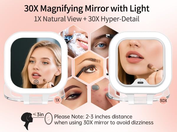 FUNTOUCH Rechargeable Lighted Double-Sided Makeup Mirror, 1X/30X Magnification