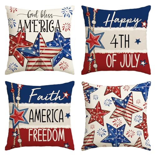AVOIN colorlife Happy 4th of July God Bless America Stars Throw Pillow Covers 20 x 20 Inch Faith America Freedom Independence Day Memorial Day Fireworks Decor Cushion Case for Sofa Couch Set of 4