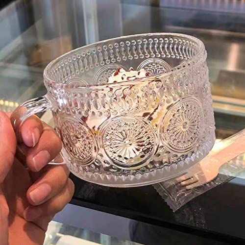 Amzcku Vintage Coffee Tea Cups, Glass Mugs 14 Oz Set Of 2 Embossed Glassware With Handle, For Cappuccino, Latte, Cereal, Yogurt, Beverage Hot/Cold, Milk #TOP3
