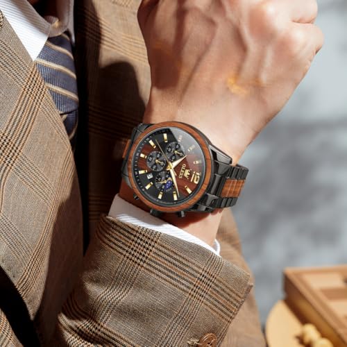 Image of OLEVS Men Watch Wooden Accent Band Multi Function Dial Luminous Waterproof Casual Luxury Business Watch
