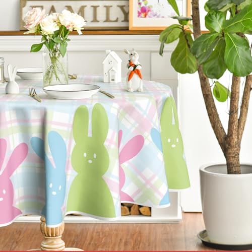 Horaldaily Easter Tablecloth 70x70 Inch Round, Spring Bunny Happy Easter Table Cover for Party Picnic Dinner Decor by Horaldaily - Used condition - Image 3