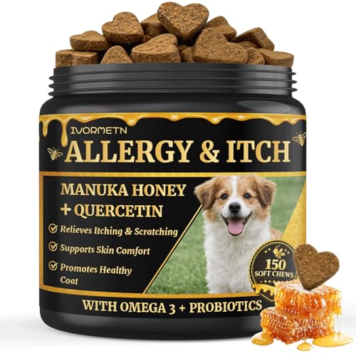 Manuka Honey for Dogs - Allergy & Itch Relief Chews - Skin Comfort & Coat Health - with Quercetin,Krill Oil,Colostrum &Probiotics - Stop Paw Licking, Soothe Itchy Ears & Yeast Balance - 150 Soft Chews