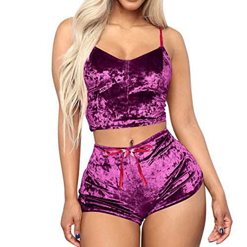 HOTSHE Conjunto de lencería para mujer de encaje, cuello en V, sexy, pijama de terciopelo, camisón de noche, para San Valentín, para mujer, espaguetis, sin mangas y pantalones cortos, dos piezas SL,