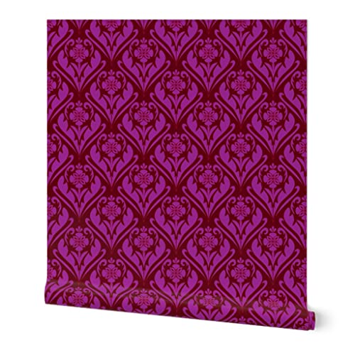 Spoonflower Commercial Grade Wallpaper Swatch - Magenta Damask Victorian Nouveau Hot Pink Floral Historical Gothic Feminine Jewel Tones Traditional Wallpaper