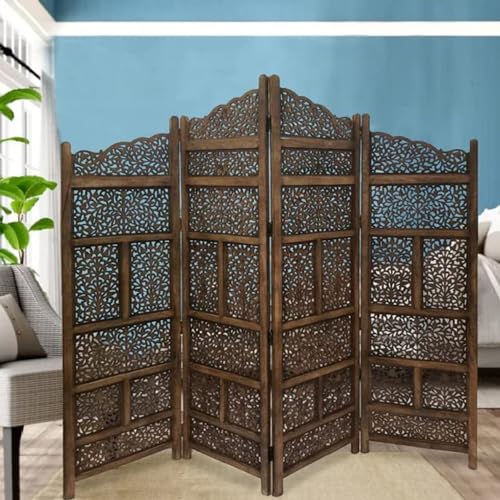 Image of Wooden Room Partition /Screen /Room Divider /Room Separator Traditional Handicrafts 6Ft (Dark Brown) (Taj 4 Panel)