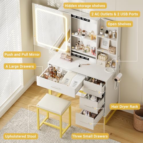 Vanity Desk, Makeup Vanity Desk with Mirror and Lights, Power Outlets, Cushioned Chair, Hairdryer Holder, 3 Lighting Colors, 4 Drawers and 5 Storage Shelves for Bedroom