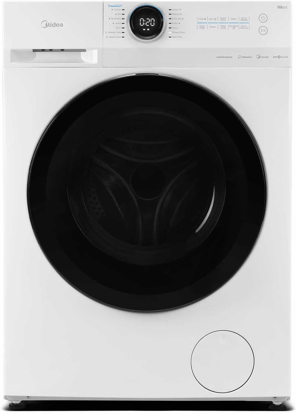 Midea MF20EW90WB Freestanding Washing Machine, BLDC Motor, Bright LED Display Lunar Dial, Steam, Allergy Care, Half-Load, Add Garment, Delay Start, Child Lock, App Control, 9 kg White