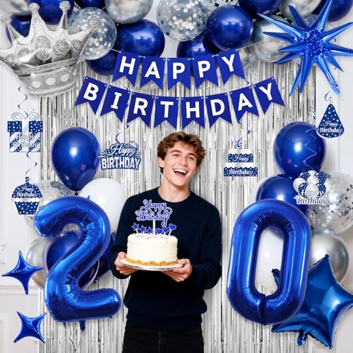 20th Birthday Decorations, Blue and Silver Happy Birthday Decorations for Boys Girls, Navy Blue 20th Birthday Party Packs with Banner Balloons Silver Fringe Curtains Foil Balloons by Miidenks - Used condition - Image 3