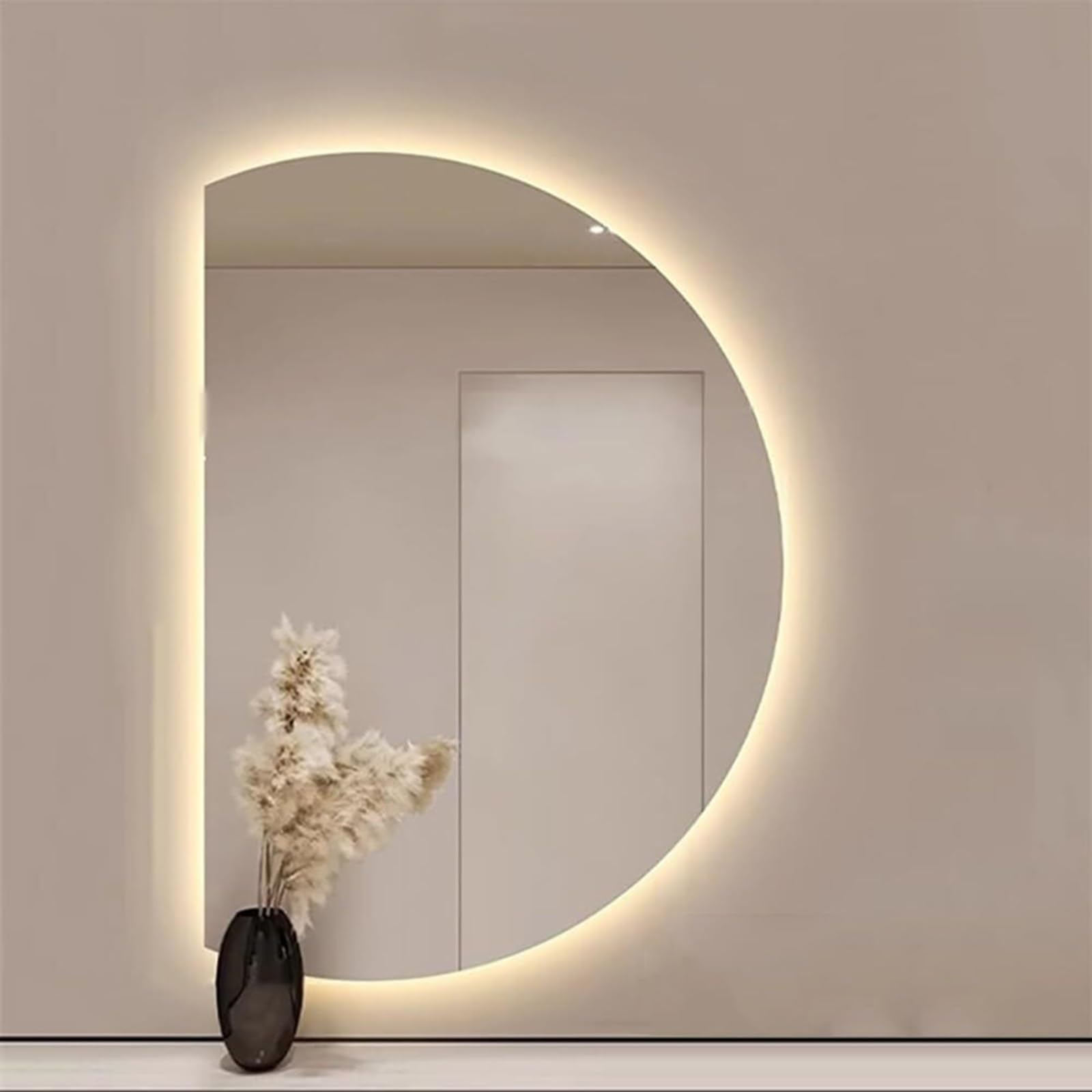 SXFSDOU 51" Half-moon Smart Frameless Bathroom Mirror, 47" Backlit LED Anti-fog 3-color Light Wall-mounted Dressing Mirror for Home Decoration(Left Cut,90x60cm/35x24in)