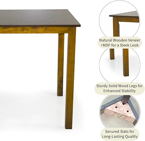 Miniatura 7 de Wickerix Juego de 3 piezas de mesa cuadrada y 2 sillas clásicas de madera maciza cálida, color marrón medio Tela de cuero marrón