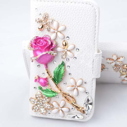 Candymaker Samsung Galaxy S4 Active I9295 Case Luxury 3D Bling Crystal Rhinestone Wallet Leather Purse Flip Card Pouch stand cover case + Bonus Candymaker Stylus ( Rose and flowers)
