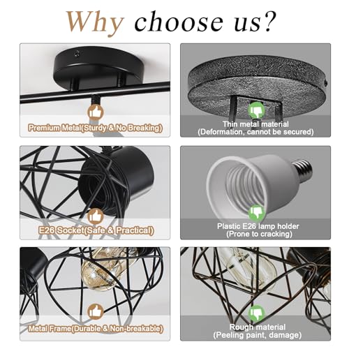 Image of 3 Lights Adjustable Multi-Directional Black Light Fixtures, Semi Flush Mount Ceiling Light, Kitchen Light Fixtures, Track Lighting Fixtures Metal Cage Industrial Spotlight Fixtures for Dining Room