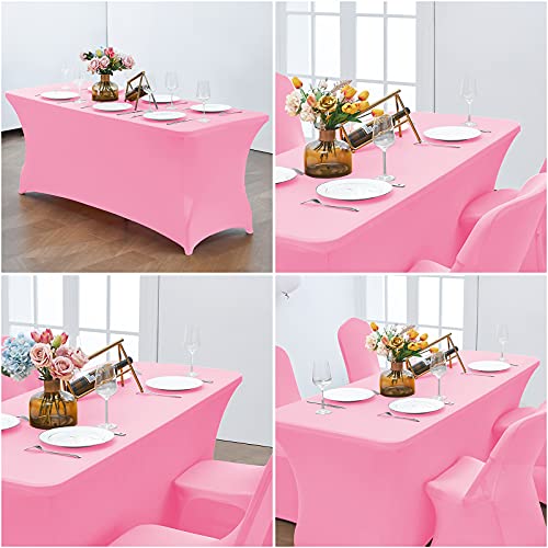 Image of CWK 6FT Waterproof Stretch Spandex Table Cover for Rectangular Tables - Elastic Fitted Tablecloth for Folding Tables,Wrinkle Resistant Table Cloth for Parties, Weddings, Banquets & Events (Pink)