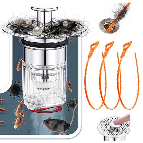 4 PCS Bathroom Sink Drain Strainer（Gift 3 Drain Snakes）, Universal Pop Up Plungers with Removable Stainless Steel Filter Basket Hair Catcher, Sink Plug for 1.34''~1.57'' Basin