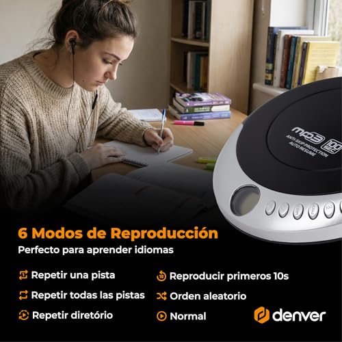 Reproductor de CD portátil con Auto Resume Denver DMP-391 y refuerzo de graves 6