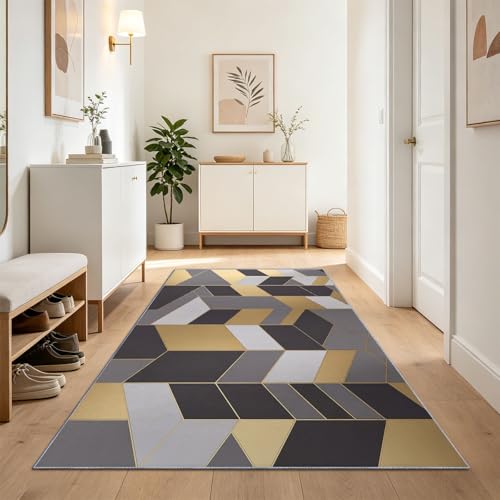 Tapis de couloir 60x150 cm 3D géométrique gris et doré