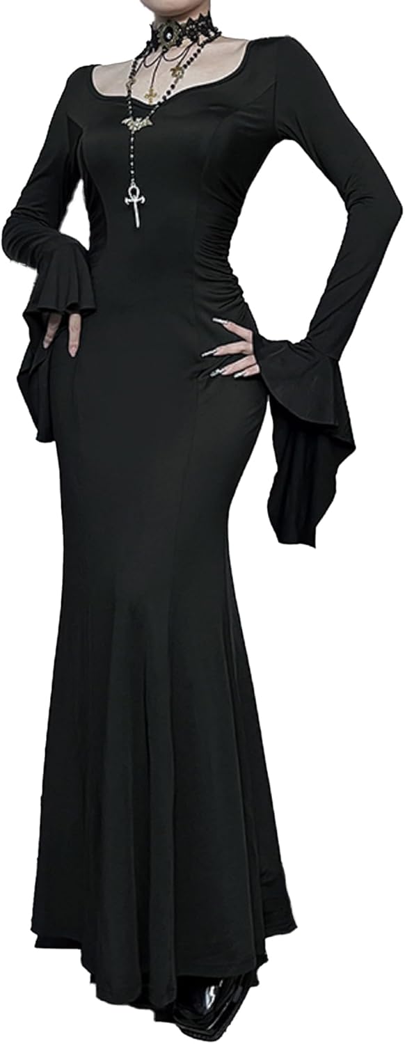 TSMNZMU Gothic Maxi Dresses for Women Dark Style Slim Long Dresses Long Flare Sleeve V-Neck Vintage Evening Dress
